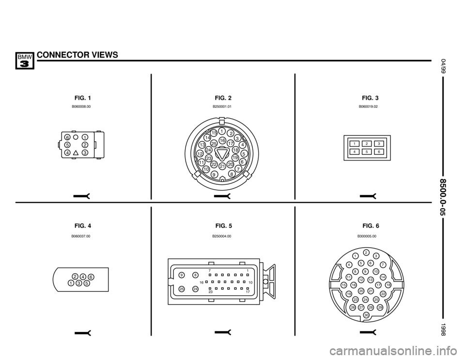 BMW 318is 1998 E36 Electrical Troubleshooting Manual CONNECTOR VIEWS $%%

%%&

FIG. 1 FIG. 2 FIG. 3
FIG. 6 FIG. 5 FIG. 4

"
"/
 
#
.
!&%

"
/
 #
.!
&
%
" "" "#
" 
"/
"#
/
 
#
".
./!
"/
 #..%"