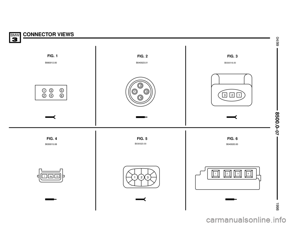 BMW 318is 1998 E36 Electrical Troubleshooting Manual CONNECTOR VIEWS $%%

%%&


 "/
FIG. 1
FIG. 2 FIG. 3
FIG. 6 FIG. 5 FIG. 4
."

B030018.00
" /
 
 #/#&4 123
 "
"
/
 
/
 #
"
.
 
B030023.00
"/  