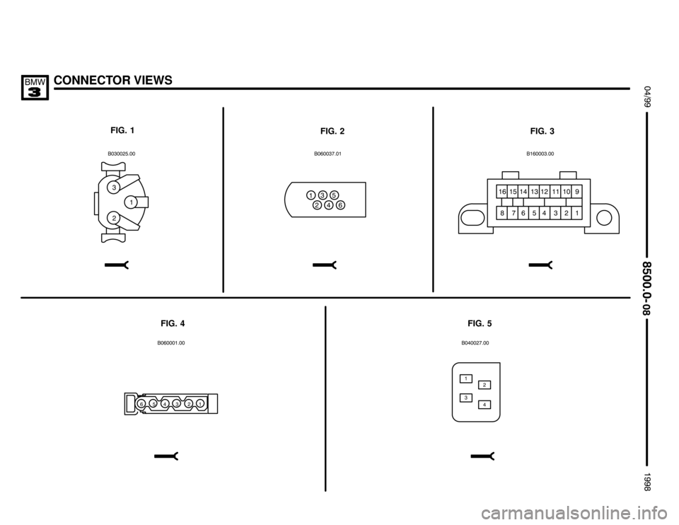 BMW M3 1998 E36 Electrical Troubleshooting Manual CONNECTOR VIEWS $%%

%%&

FIG. 1
FIG. 2 FIG. 3
FIG. 5 FIG. 4

  
/"#

"
//
 
#
".
./!
.
 " /   # .
./
 "!
"
/ 
. #  / "   %
&!