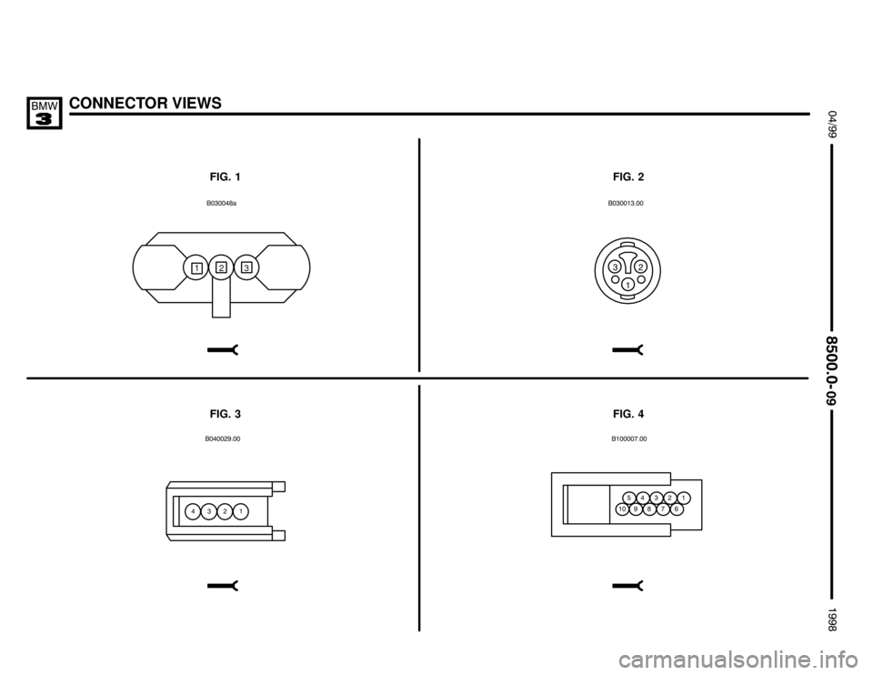 BMW 328i 1998 E36 Electrical Troubleshooting Manual //
CONNECTOR VIEWS $%%

%%&

FIG. 1FIG. 2

FIG. 3
!
 " /   #
. ! & % 
FIG. 4
" /
/ &
12 3
 "%
 /" 