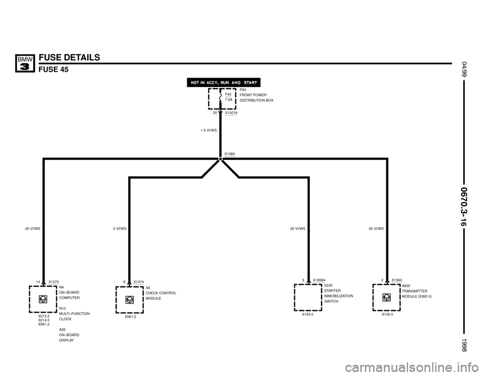 BMW M3 1998 E36 Electrical Troubleshooting Manual FUSE 45
 $%%
	

%%&
	
FUSE DETAILS
A835
TRANSMITTER
MODULE (EWS II) P90
FRONT POWER
DISTRIBUTION BOX F45
7.5A
X1066

1.5 VI/WS
X107014
N4
ON–BOARD
COMPUTER
N10
MULTI–FUNCTION
C