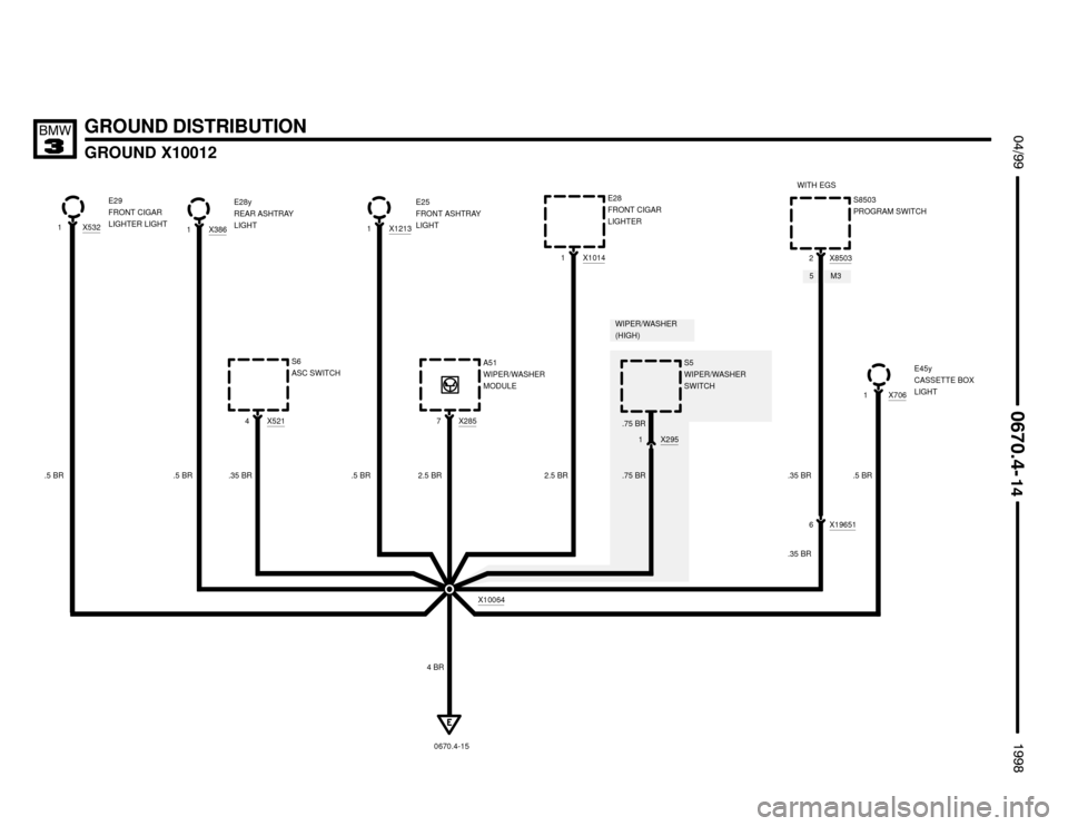 BMW M3 1998 E36 Electrical Troubleshooting Manual M35
.35 BR
E28
FRONT CIGAR
LIGHTER
X386
1
GROUND DISTRIBUTION
GROUND X10012
 $%%
	

%%&
.35 BR
X12131 E29
FRONT CIGAR
LIGHTER LIGHT
.5 BR
.5 BRE28y
REAR ASHTRAY
LIGHT
X5321E25
FRONT ASHTRA