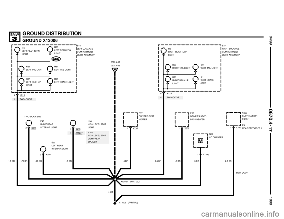 BMW M3 1998 E36 Electrical Troubleshooting Manual H34z
HIGH LEVEL STOP
LIGHT/REAR
SPOILER1
TWO–DOOR5TWO–DOOR1
1.5 BR
E46
LEFT LUGGAGE
COMPARTMENT
LIGHT ASSEMBLY
	


X3552E40
RIGHT REAR
INTERIOR LIGHT
4 BR
X13006
H24
LEFT BRAKE LIGHTH27
LEFT