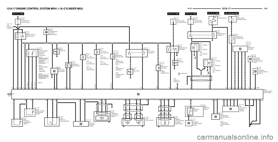 BMW 323i 1998 E36 Electrical Troubleshooting Manual 617872
557670B62101
OXYGEN SENSOR I
(IN FRONT OF
CATALYTIC
CONVERTER)
45
B6204
CAMSHAFT
POSITION SENSOR
(CYLINDER
IDENTIFICATION) 1210.17-06
 $%%
%%&
A6000
ENGINE CONTROL
MODULE (DME) 1210.17-