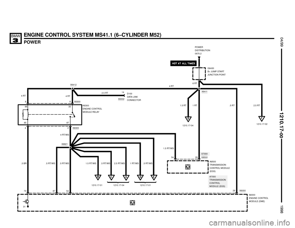 BMW M3 1998 E36 Electrical Troubleshooting Manual X7000
ENGINE CONTROL SYSTEM MS41.1 (6–CYLINDER M52)
X6300
POWER
 $%%


%%&

46
.5 RT
4 RT/WS
.5 RT/WS.5 BR
4 RT4 RT
8 X6300
73 5426 X6000
26 X6821
2
K6300
ENGINE CONTROL
MODUL