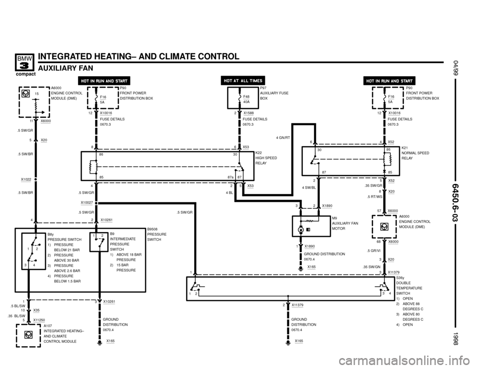 BMW 318ti 1998 E36 Electrical Troubleshooting Manual .35 SW/GR
X20
3
X208
X6000
X6000
X113793.35 SW/GN.5 RT/WS
57
.5 GR/VI68
GROUND
DISTRIBUTION
0670.4
AUXILIARY FAN



 !

INTEGRATED HEATING– AND CLIMATE CONTROL
X18901 B9
INTERMEDIATE
