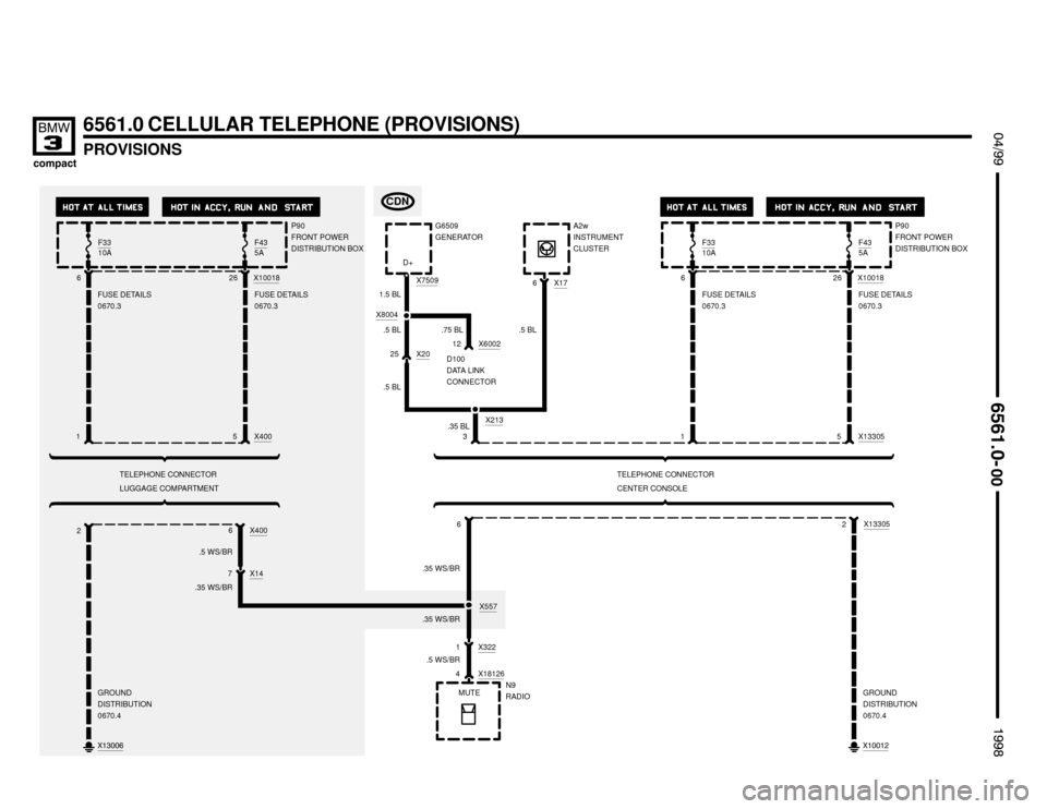 BMW 318ti 1998 E36 Electrical Troubleshooting Manual 
PROVISIONS


 !

6561.0 CELLULAR TELEPHONE (PROVISIONS)
FUSE DETAILS
0670.3 6
1F33
10A
4X322N9
RADIO .5 WS/BR
1
	

6
7X400
.35 WS/BR.5 WS/BRA2w
INSTRUMENT
CLUSTER
X557
6 X17
.