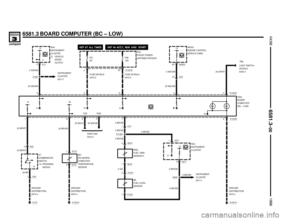 BMW 318ti 1998 E36 Electrical Troubleshooting Manual 6581.3 BOARD COMPUTER (BC – LOW)

 !

B21
ON–BOARD
COMPUTER
TEMPERATURE
SENSOR
31 30
31 31 31
.35 BR/GR
P90
FRONT POWER
DISTRIBUTION BOX
232 X10018
FUSE DETAILS
0670.3
510
911
L