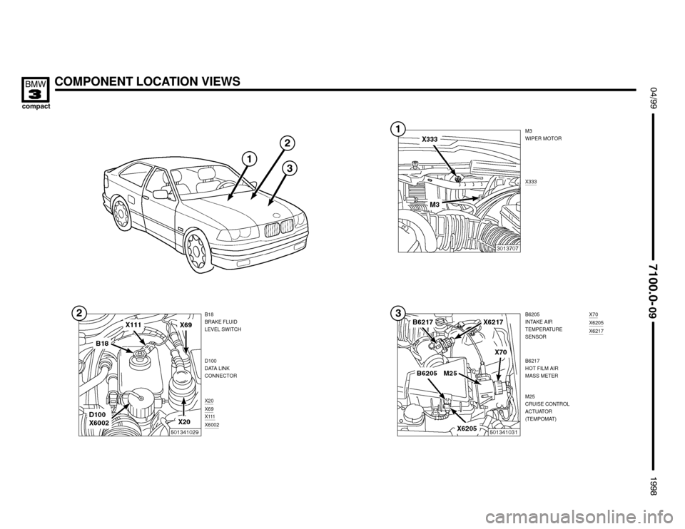 BMW 318ti 1998 E36 Electrical Troubleshooting Manual M3
WIPER MOTOR
X333
B18
BRAKE FLUID
LEVEL SWITCH
X20X70X6205
COMPONENT LOCATION VIEWS

 !





	

D100
DATA LINK
CONNECTOR
X69
X111X6002
X6217
B6205
INTAKE AIR
TEM