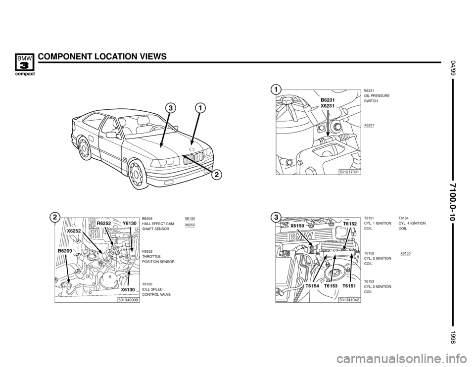 BMW 318ti 1998 E36 Electrical Troubleshooting Manual B6231
OIL PRESSURE
SWITCH
X6231
COMPONENT LOCATION VIEWS

 !




	

B6209
HALL EFFECT CAM-
SHAFT SENSOR
R6252
THROTTLE
POSITION SENSORX6130
X6252
Y6130
IDLE SPEED
C