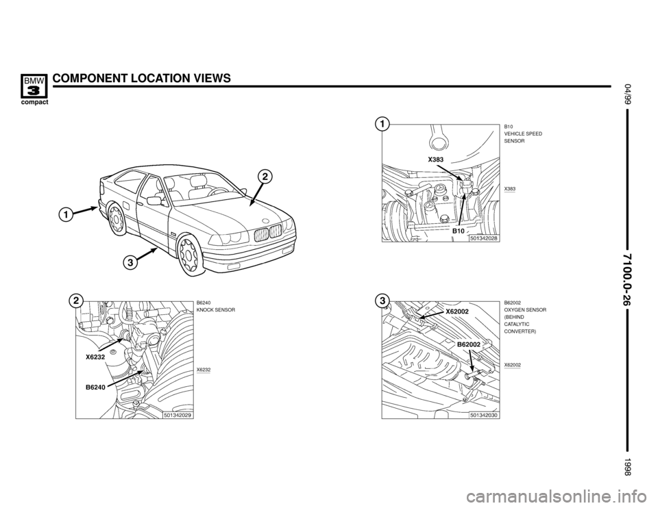 BMW 318ti 1998 E36 Electrical Troubleshooting Manual COMPONENT LOCATION VIEWS

 !

	



X6232
B62002
OXYGEN SENSOR
(BEHIND
CATALYTIC
CONVERTER)
X62002

B6240
KNOCK SENSORB10
VEHICLE SPEED
SENSOR
X383
 