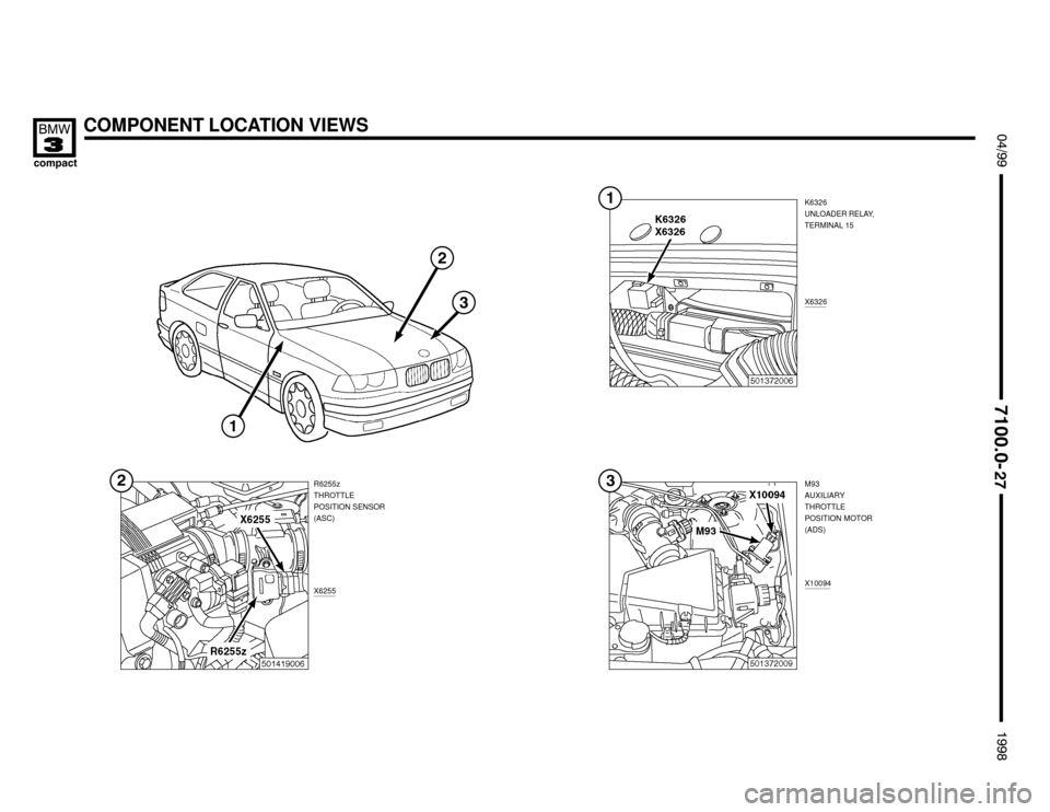 BMW 318ti 1998 E36 Electrical Troubleshooting Manual COMPONENT LOCATION VIEWS

 !

	


M93
AUXILIARY
THROTTLE
POSITION MOTOR
(ADS)
X10094
K6326
UNLOADER RELAY,
TERMINAL 15
X6326




X6255
R6255z
THROTTLE
POSITION SE