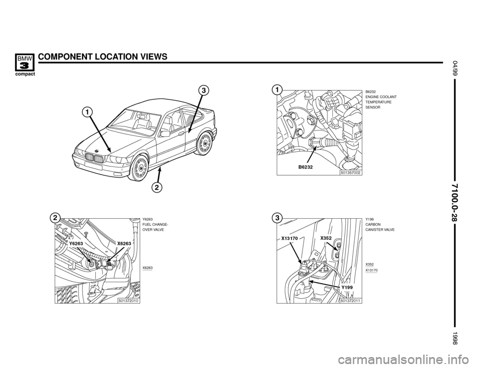 BMW 318ti 1998 E36 Electrical Troubleshooting Manual COMPONENT LOCATION VIEWS

 !

	

X6263
Y199
CARBON
CANISTER VALVE
X352
X13170
Y6263
FUEL CHANGE-
OVER VALVEB6232
ENGINE COOLANT
TEMPERATURE
SENSOR



 