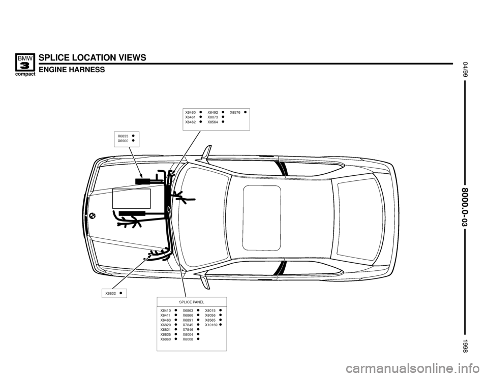 BMW 318ti 1998 E36 Electrical Troubleshooting Manual SPLICE LOCATION VIEWS
ENGINE HARNESS
		


		


	

X6410X6411X6463X6820X6821X6835X6860
X6863X6866X6891X7845X7846X8004X8008
X8015X8056X8565X10169
X6833X6