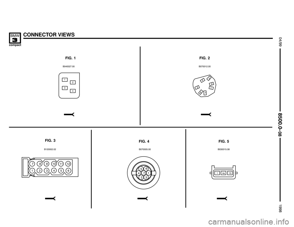 BMW 318ti 1998 E36 Electrical Troubleshooting Manual CONNECTOR VIEWS

 !

FIG. 1FIG. 2

	

"/
 "
1
 """
 "1# ./ !       "
FIG. 3
/.
#

"1 
/#
FIG. 4
   #1 #!
FIG. 5
/ "
/.
#1
"

