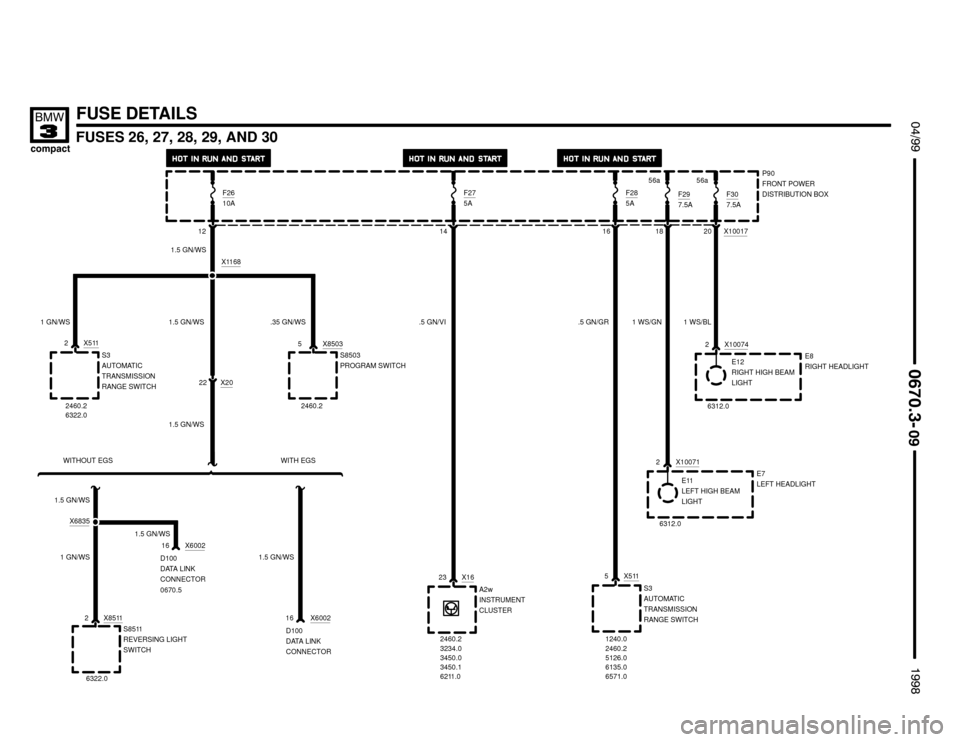 BMW 318ti 1998 E36 Electrical Troubleshooting Manual 6312.0
X6835
S8503
PROGRAM SWITCH
D100
DATA LINK
CONNECTOR 16
FUSES 26, 27, 28, 29, AND 30


 !

FUSE DETAILS
P90
FRONT POWER
DISTRIBUTION BOX F30
7.5A
X10017
56a

X2022F26