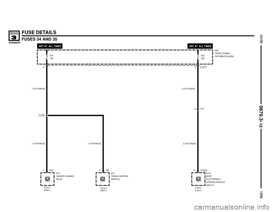 BMW 318ti 1998 E36 Electrical Troubleshooting Manual 1.5 RT/SW/GE
FUSES 34 AND 35


 !

FUSE DETAILS
X646
K16
HAZARD FLASHER
RELAY
6313.0
F3415A
8
X656
N17
CRASH CONTROL
MODULE
6313.0
F3525A
10
6350.0
6350.0
X1316P90
FRONT PO