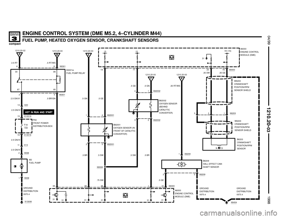 BMW 318ti 1998 E36 Electrical Troubleshooting Manual .5 GN
B62002
OXYGEN SENSOR
(BEHIND
CATALYTIC
CONVERTER)
X6200232
.5 GE
X62002
1 4
.5 BR .5 SW
.5 GN

FUEL PUMP, HEATED OXYGEN SENSOR, CRANKSHAFT SENSORS


 !

ENGINE CONTR