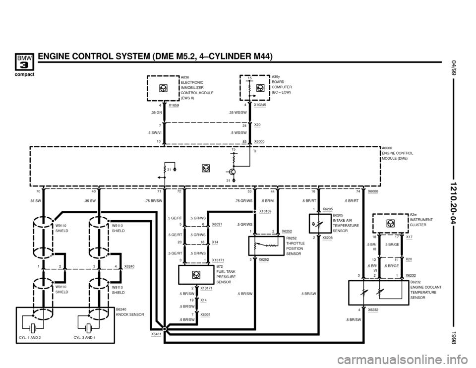 BMW 318ti 1998 E36 Electrical Troubleshooting Manual X14


 !

ENGINE CONTROL SYSTEM (DME M5.2, 4–CYLINDER M44)
A836
ELECTRONIC
IMMOBILIZER
CONTROL MODULE
(EWS II)
7071
X16594
.5 SW/VI
.35 GN
15
10
X600074
B6232
ENGINE COOLANT
TEMP