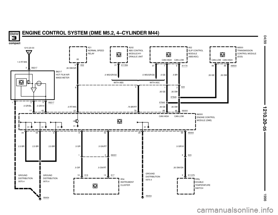 BMW 318ti 1998 E36 Electrical Troubleshooting Manual 

 !

ENGINE CONTROL SYSTEM (DME M5.2, 4–CYLINDER M44)
34
86
X600068
S36y
DOUBLE
TEMPERATURE
SWITCH X1137955
6
1210.20-00
85 X6000
A6000
ENGINE CONTROL
MODULE (DME)
3
2.5 BR 2.5 