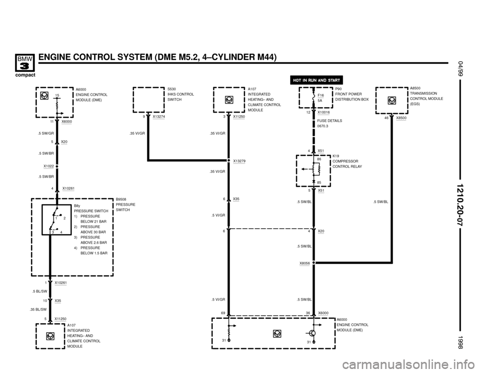 BMW 318ti 1998 E36 Electrical Troubleshooting Manual 
	



 !

ENGINE CONTROL SYSTEM (DME M5.2, 4–CYLINDER M44)
A6000
ENGINE CONTROL
MODULE (DME)
X6000
11
4
.5 SW/GR
A6000
ENGINE CONTROL
MODULE (DME)
5 X20
.5 SW/BR
X1