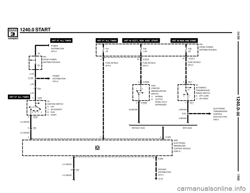 BMW 318ti 1998 E36 Electrical Troubleshooting Manual 5 X209
S2
IGNITION SWITCH
0) OFF
1) ACCESSORY
2) RUN
3) START
X209
4



 !

1240.0 START
.5 BR/SWX10017
16
5 X511
1P90
FRONT POWER
DISTRIBUTION BOX F28
5A POWER
DISTRIBUTION
0670.2
X