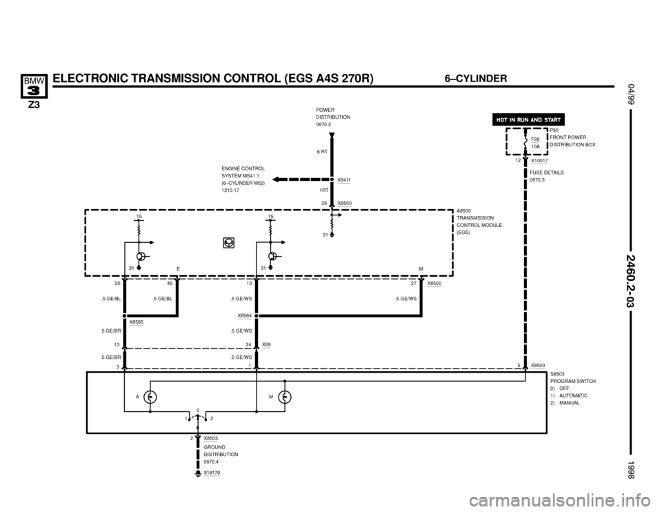BMW Z3M ROADSTER 1998 E36 Electrical Troubleshooting Manual ELECTRONIC TRANSMISSION CONTROL (EGS A4S 270R)

 !""


#""$

A8500
TRANSMISSION
CONTROL MODULE
(EGS)
20 13
.5 GE/BL
3 13
.5 GE/BRX8565
1
24 X69
5 X8503
.5 GE/WS
A
X85032S8503
PRO