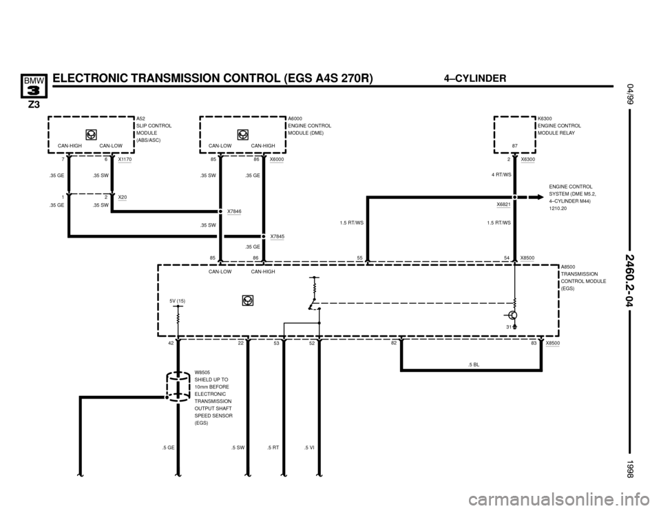BMW Z3M ROADSTER 1998 E36 Electrical Troubleshooting Manual 

ELECTRONIC TRANSMISSION CONTROL (EGS A4S 270R) !""


#""$

K6300
ENGINE CONTROL
MODULE RELAY
425V (15)
.5 GE22
.5 SW52A8500
TRANSMISSION
CONTROL MODULE
(EGS)
X63002
1.5 RT/WS
E