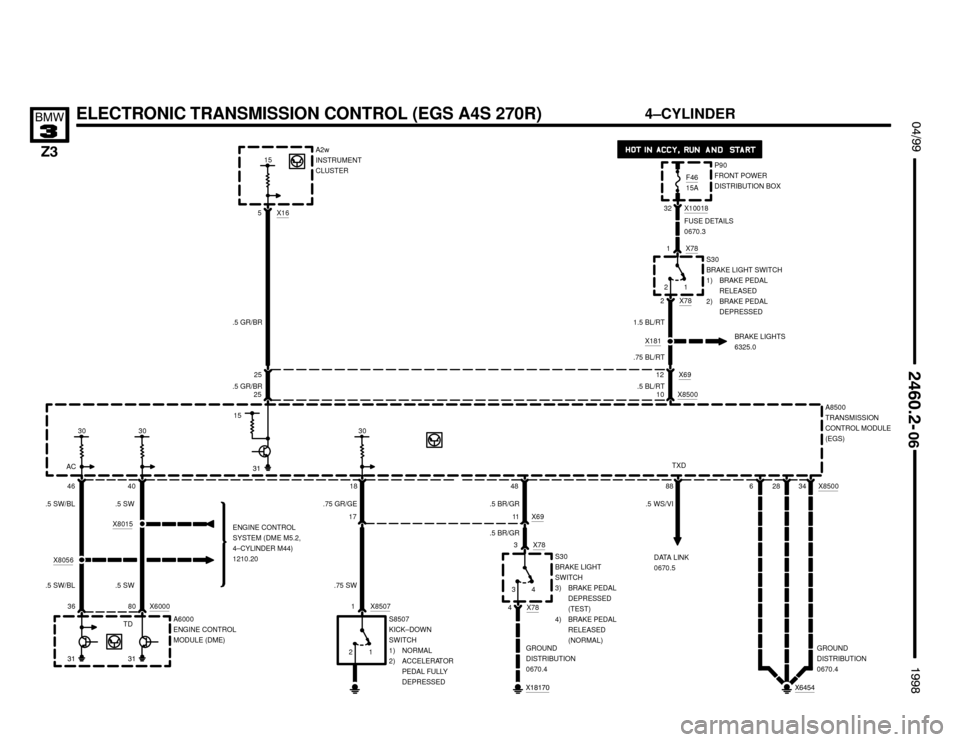 BMW Z3M ROADSTER 1998 E36 Electrical Troubleshooting Manual 

ENGINE CONTROL
SYSTEM (DME M5.2,
4–CYLINDER M44)
1210.20
 !""ELECTRONIC TRANSMISSION CONTROL (EGS A4S 270R)


#""$


15A8500
TRANSMISSION
CONTROL MODULE
(EGS)
18
X8507
1 17
S8
