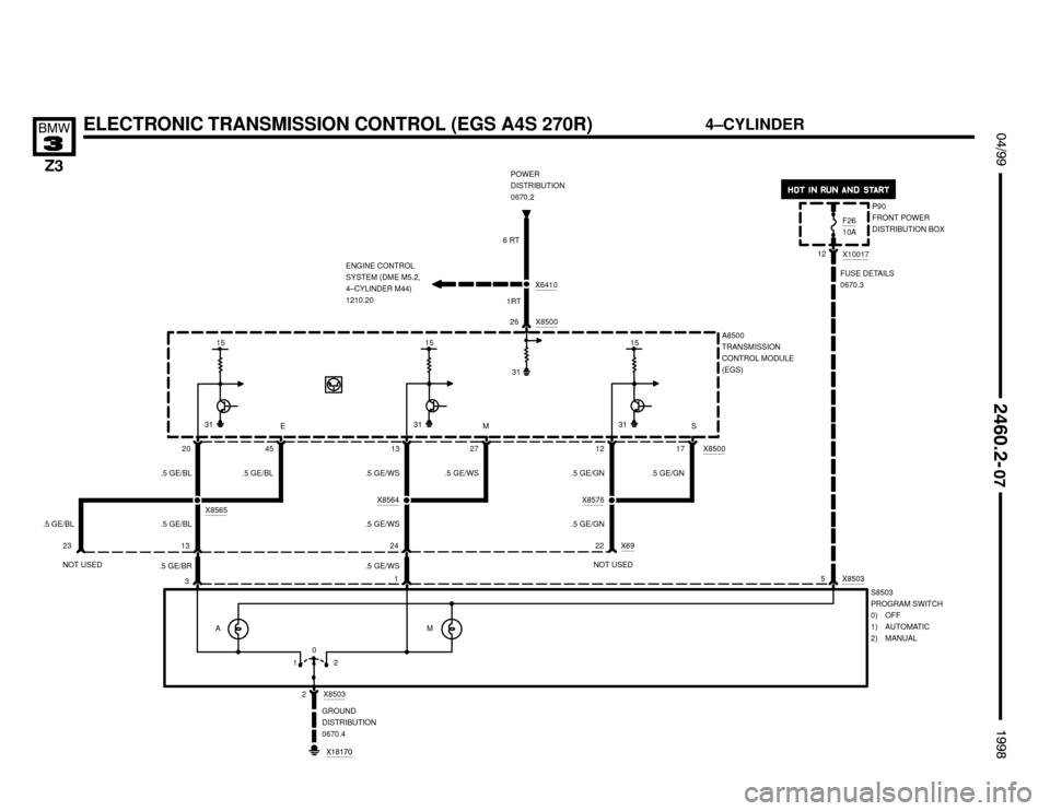 BMW Z3M ROADSTER 1998 E36 Electrical Troubleshooting Manual ELECTRONIC TRANSMISSION CONTROL (EGS A4S 270R)

 !""


#""$

A8500
TRANSMISSION
CONTROL MODULE
(EGS)
20 13X8500
12
.5 GE/BL
3 13
.5 GE/BL
NOT USED .5 GE/BLX8565
1
24 22 X69
5 X85