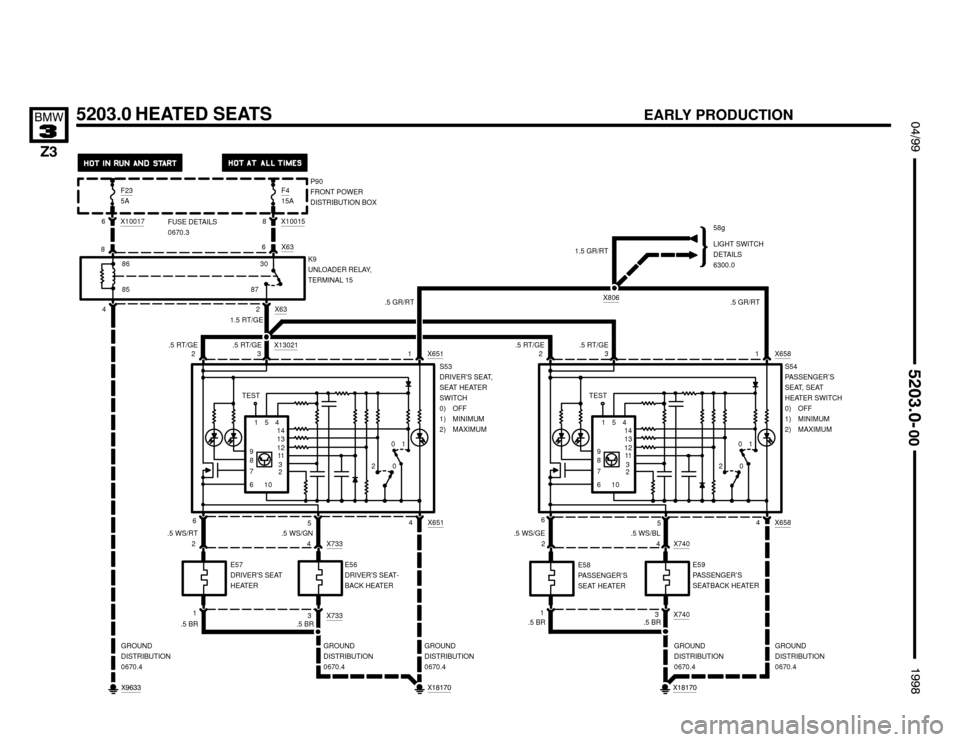 BMW Z3M ROADSTER 1998 E36 Electrical Troubleshooting Manual 5203.0 HEATED SEATS

GROUND
DISTRIBUTION
0670.4 X13021GROUND
DISTRIBUTION
0670.4
4
X63
.5 RT/GE
 !""
	
#""$

X100176
8730P90
FRONT POWER
DISTRIBUTION BOX
LIGHT SWITCH
DETAILS
630