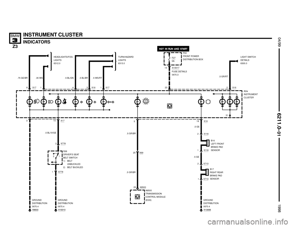 BMW Z3M ROADSTER 1998 E36 Electrical Troubleshooting Manual 

INDICATORS
 !""


#""$

INSTRUMENT CLUSTER
3
GROUND
DISTRIBUTION
0670.4A2w
INSTRUMENT
CLUSTER
HEADLIGHTS/FOG
LIGHTS
6312.0TURN/HAZARD
LIGHTS
6313.0LIGHT SWITCH
DETAILS
6300.0
.