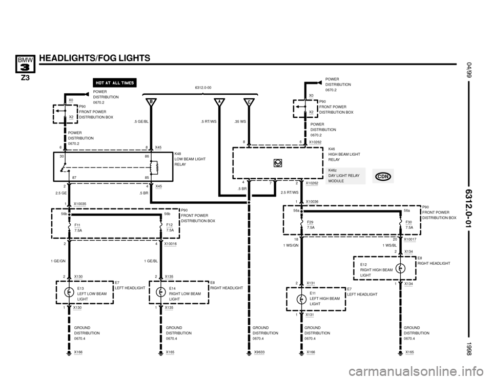 BMW Z3M ROADSTER 1998 E36 Electrical Troubleshooting Manual 

X0
E13
LEFT LOW BEAM
LIGHT
X10262
 !""


#""$

HEADLIGHTS/FOG LIGHTS
181 X10036
P90
FRONT POWER
DISTRIBUTION BOX 56a
6POWER
DISTRIBUTION
0670.28 X45
87
2 X454
2.5 GE
6
4
X10262