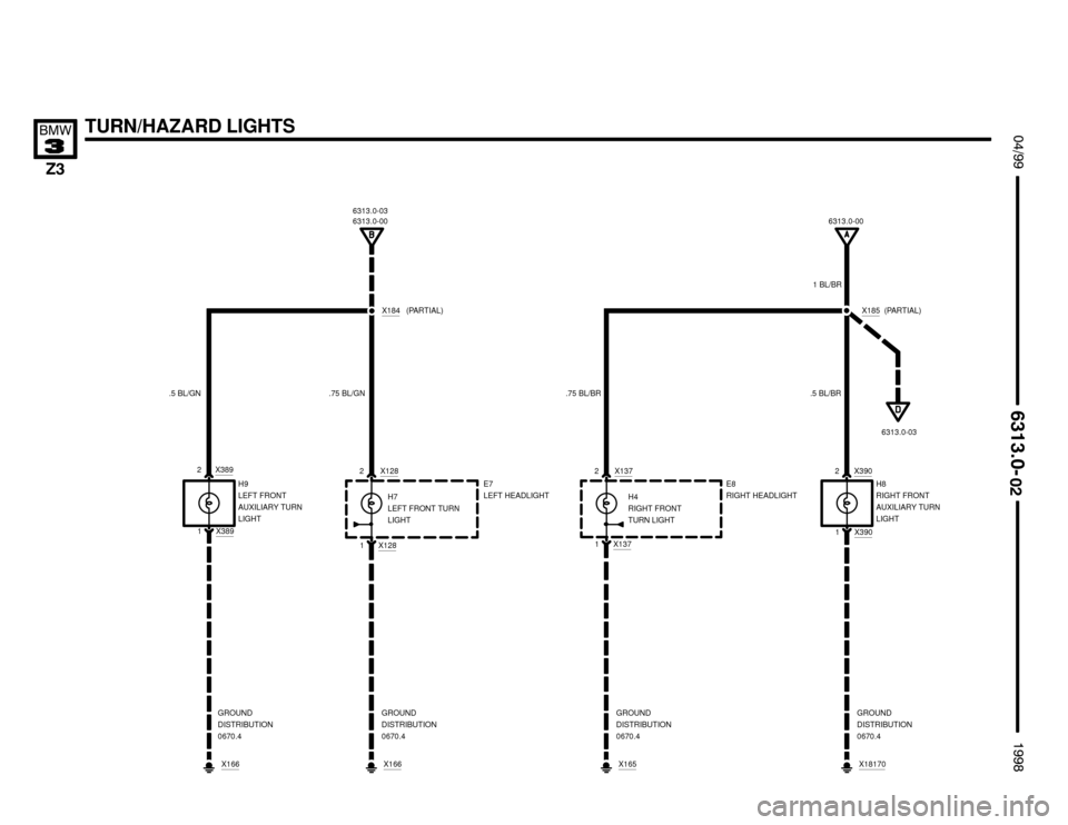 BMW Z3M ROADSTER 1998 E36 Electrical Troubleshooting Manual 

#""$
 !""



TURN/HAZARD LIGHTS
H8
RIGHT FRONT
AUXILIARY TURN
LIGHT
GROUND
DISTRIBUTION
0670.4 H9
LEFT FRONT
AUXILIARY TURN
LIGHT.75 BL/GN .5 BL/GN
2
1 2
12
12
1
X128X128X389
X