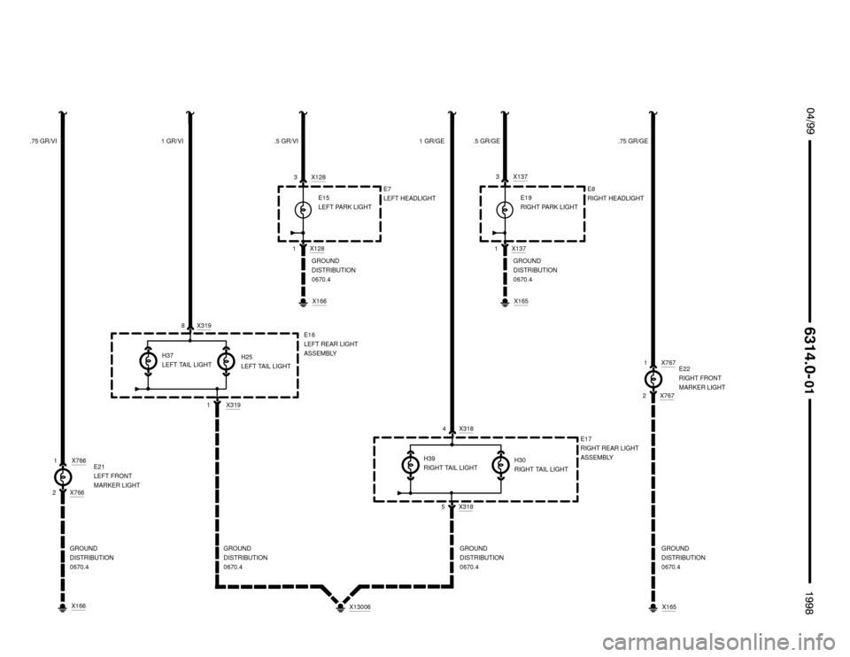 BMW Z3M ROADSTER 1998 E36 Electrical Troubleshooting Manual  !""


#""$

8 X319
1 X319
1 X766E21
LEFT FRONT
MARKER LIGHTE16
LEFT REAR LIGHT
ASSEMBLY
2 X766
1 GR/VI1 GR/GE .75 GR/GE .75 GR/VI
X166
4 X318
5 X318
E17
RIGHT REAR LIGHT
ASSEMBLY
GROUND
DIST