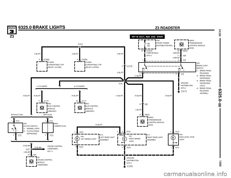 BMW Z3M ROADSTER 1998 E36 Electrical Troubleshooting Manual 17X1170
4 X13146
.5 BL/RT


S32
CLUTCH SWITCH
1) NORMAL STATE
2) CLUTCH PEDAL
DEPRESSED
 !""

	
#""$

6325.0 BRAKE LIGHTS
X1211
.75 BL/RT.75 BL/RT
10 X8500A8500
TRANSMISSION
CONTR