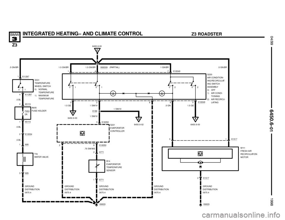 BMW Z3M ROADSTER 1998 E36 Electrical Troubleshooting Manual 

 !""

	

#""$
INTEGRATED HEATING– AND CLIMATE CONTROL

X11287
X11287
F9532A
6450.6-00
X7711
GROUND
DISTRIBUTION
0670.4
6450.6-00
.5 GN/BR1.5 GN/BR1.5 GN/BR
1.5 GE1 SW/VI
X18350