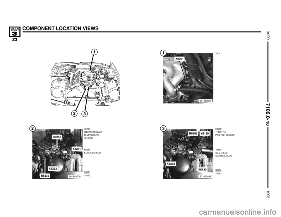 BMW Z3M ROADSTER 1998 E36 Electrical Troubleshooting Manual R6252
THROTTLE
POSITION SENSOR B6232
ENGINE COOLANT
TEMPERATURE
SENSOR
X6231
X6232
COMPONENT LOCATION VIEWS !""

#""$

X6091


B6240
KNOCK SENSOR
X6130
X6252
Y6130
IDLE SPEED
CO