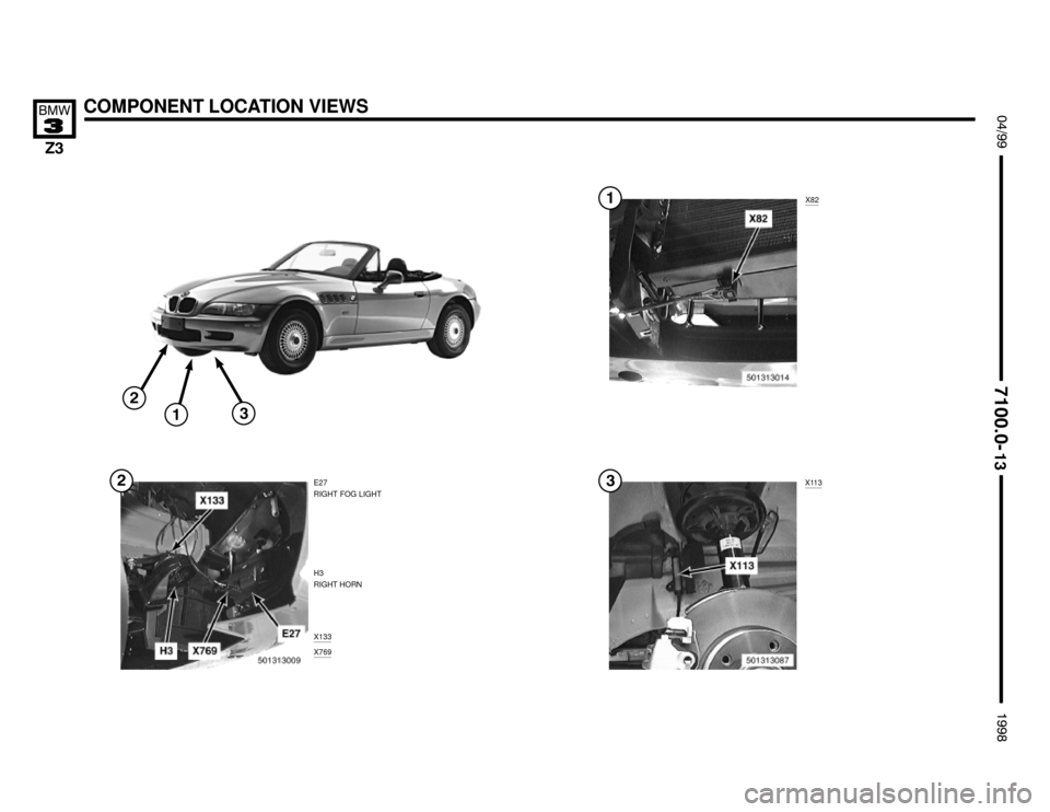 BMW Z3M ROADSTER 1998 E36 Electrical Troubleshooting Manual E27
RIGHT FOG LIGHT
X133
X82
X113
COMPONENT LOCATION VIEWS !""

#""$



X769
H3
RIGHT HORN




 