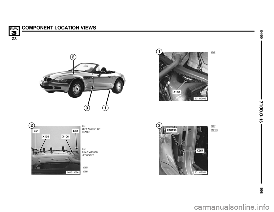 BMW Z3M ROADSTER 1998 E36 Electrical Troubleshooting Manual X105
X106
X142
COMPONENT LOCATION VIEWS !""

#""$


E51
LEFT WASHER JET
HEATER
E52
RIGHT WASHER
JET HEATERX257
X18196





 