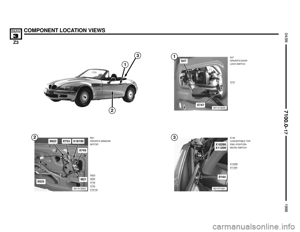 BMW Z3M ROADSTER 1998 E36 Electrical Troubleshooting Manual COMPONENT LOCATION VIEWS !""

#""$

S47
DRIVER’S DOOR
LOCK SWITCH
M21
DRIVER’S WINDOW
MOTOR
X623
X625X749
X747
X753X18190






S164
CONVERTIBLE TOP
END–POSITION
MICRO