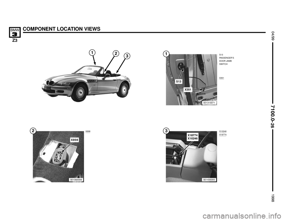 BMW Z3M ROADSTER 1998 E36 Electrical Troubleshooting Manual COMPONENT LOCATION VIEWS !""

#""$


S13
PASSENGER’S
DOOR JAMB
SWITCH
X351
X898X10246X18774



 