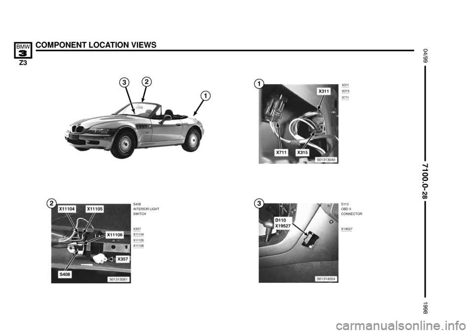 BMW Z3M ROADSTER 1998 E36 Electrical Troubleshooting Manual X311
COMPONENT LOCATION VIEWS !""

#""$

S408
INTERIOR LIGHT
SWITCH
X357
X11104


X315
X711
X11105X11106




D110
OBD II
CONNECTOR
X19527
 