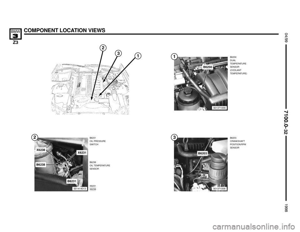 BMW Z3M ROADSTER 1998 E36 Electrical Troubleshooting Manual 

X6231X6238
COMPONENT LOCATION VIEWS !""

#""$

B6256
DUAL
TEMPERATURE
SENSOR
(COOLANT
TEMPERATURE)
B6231
OIL PRESSURE
SWITCHB6203
CRANKSHAFT
POSITION/RPM
SENSOR




B6238