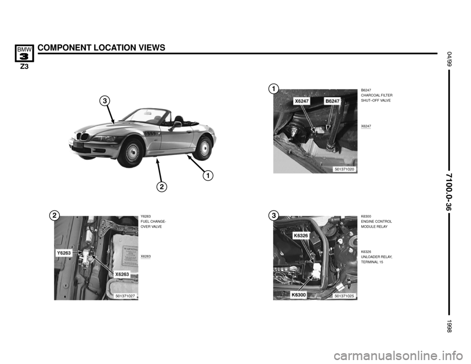 BMW Z3M ROADSTER 1998 E36 Electrical Troubleshooting Manual COMPONENT LOCATION VIEWS !""

#""$


B6247
CHARCOAL FILTER
SHUT–OFF VALVE
Y6263
FUEL CHANGE-
OVER VALVE
X6263
X6247




K6300
ENGINE CONTROL
MODULE RELAY

K6326
UNLOADER REL