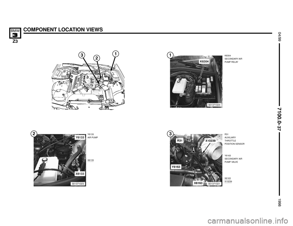 BMW Z3M ROADSTER 1998 E36 Electrical Troubleshooting Manual 

X6163X10239
X6133
COMPONENT LOCATION VIEWS !""

#""$

K6304
SECONDARY AIR
PUMP RELAY
Y6133
AIR PUMP
Y6163
SECONDARY AIR
PUMP VALVE R31
AUXILIARY
THROTTLE
POSITION SENSOR


