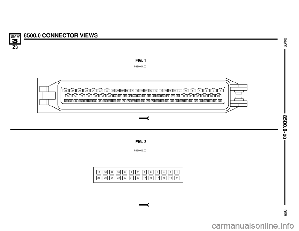 BMW Z3M ROADSTER 1998 E36 Electrical Troubleshooting Manual 

8500.0 CONNECTOR VIEWS !""
	
#""$

FIG. 1
FIG. 2
$$#
$) $$
)$ " # ## #% #& #  # #( #) #$ #" % %# %%
& &( &) &$ &"    #  %  &       (  )  $
(  ( (( () ($ (" ) )# 