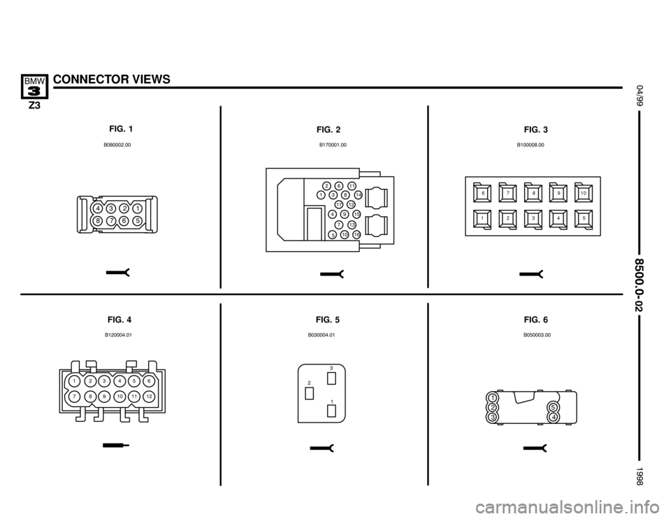 BMW Z3M ROADSTER 1998 E36 Electrical Troubleshooting Manual 

CONNECTOR VIEWS !""
	
#""$

FIG. 1
FIG. 2 FIG. 3
FIG. 6 FIG. 5 FIG. 4
%(##
#&$# 
#) #%
)#&  "#
# #(
#)##$
67 8
123910
45
#% #
%&   (
)$"####%#
&