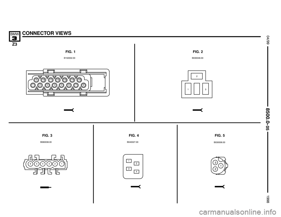 BMW Z3M ROADSTER 1998 E36 Electrical Troubleshooting Manual 

CONNECTOR VIEWS !""
	
#""$
	
FIG. 1
FIG. 3FIG. 5
# % &    (
(&$&(
#
% &
FIG. 2
FIG. 4
#%
"####%#&# #
#%& ()$
 %)
#%
& 
& (
#
&
% 