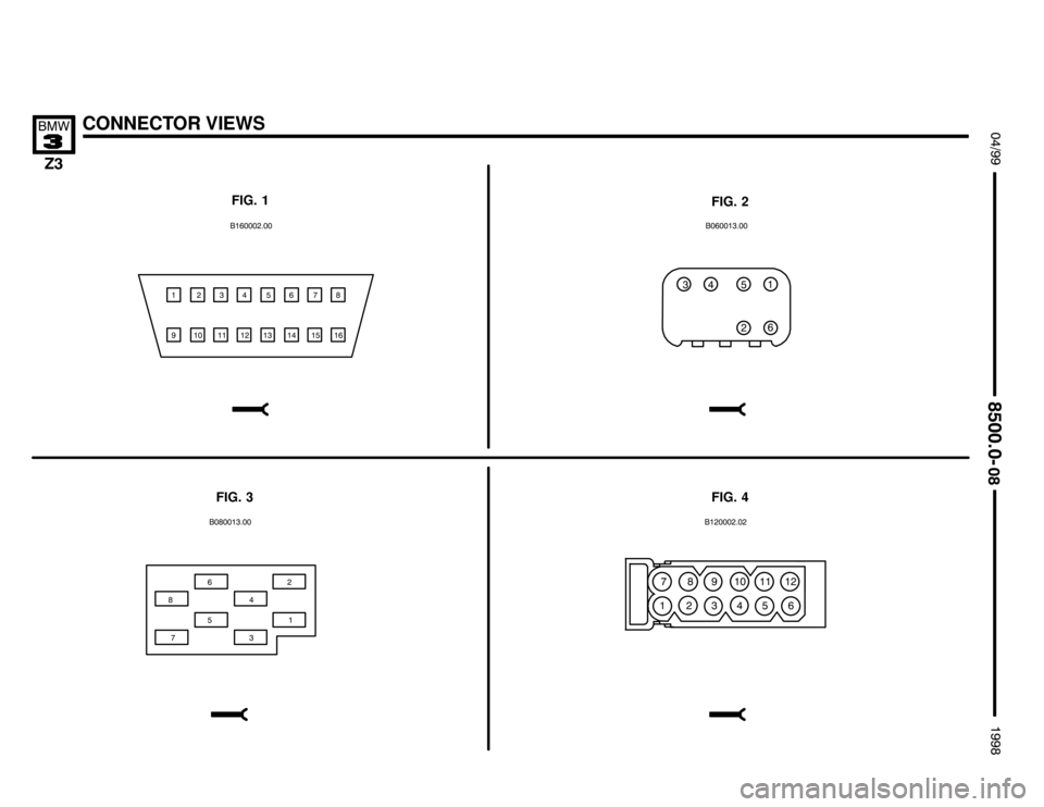 BMW Z3M ROADSTER 1998 E36 Electrical Troubleshooting Manual 

CONNECTOR VIEWS !""
	
#""$

FIG. 1
FIG. 2
FIG. 3
(    &
%#
(#&
$#&
# %
&  
 (
) $#(%
# %& ( )$
" ####%#&# ##(
#%%%
# %&  () $ " ####%
FIG. 4 